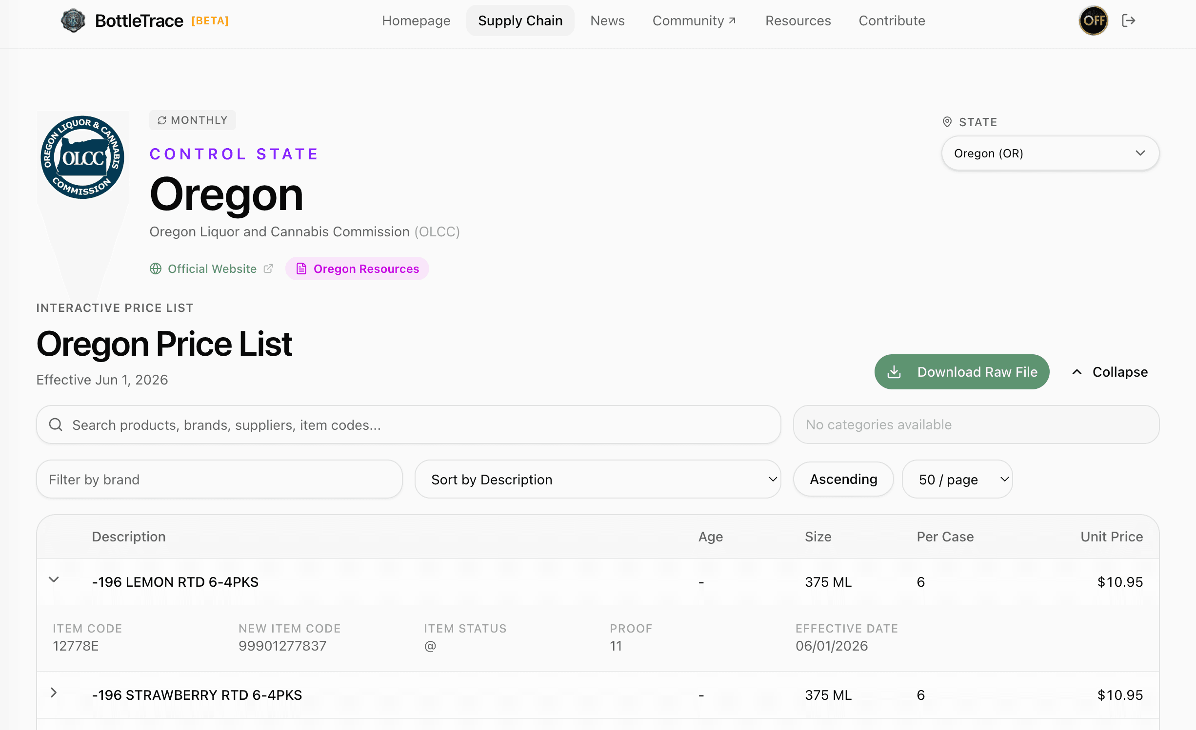 BottleTrace interactive control-state price list for Oregon (OLCC)