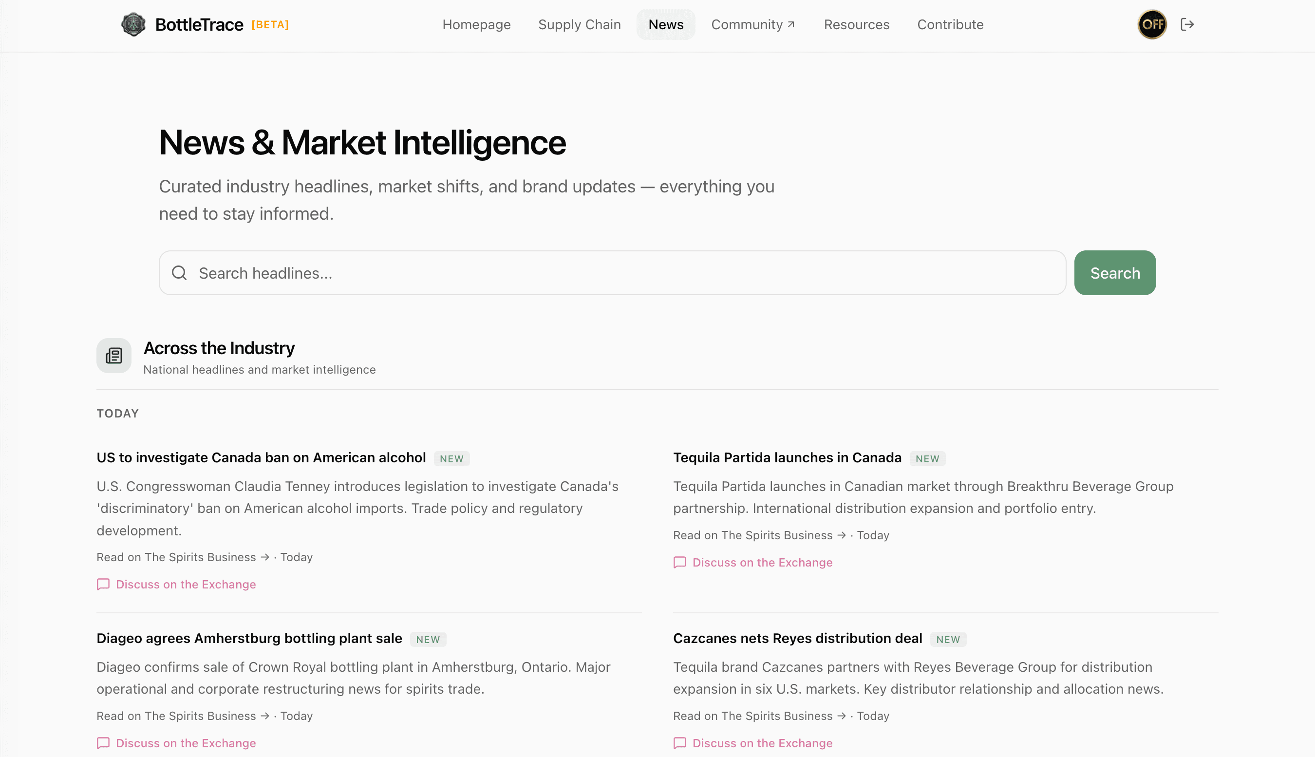 BottleTrace news feed with alcohol industry market intelligence