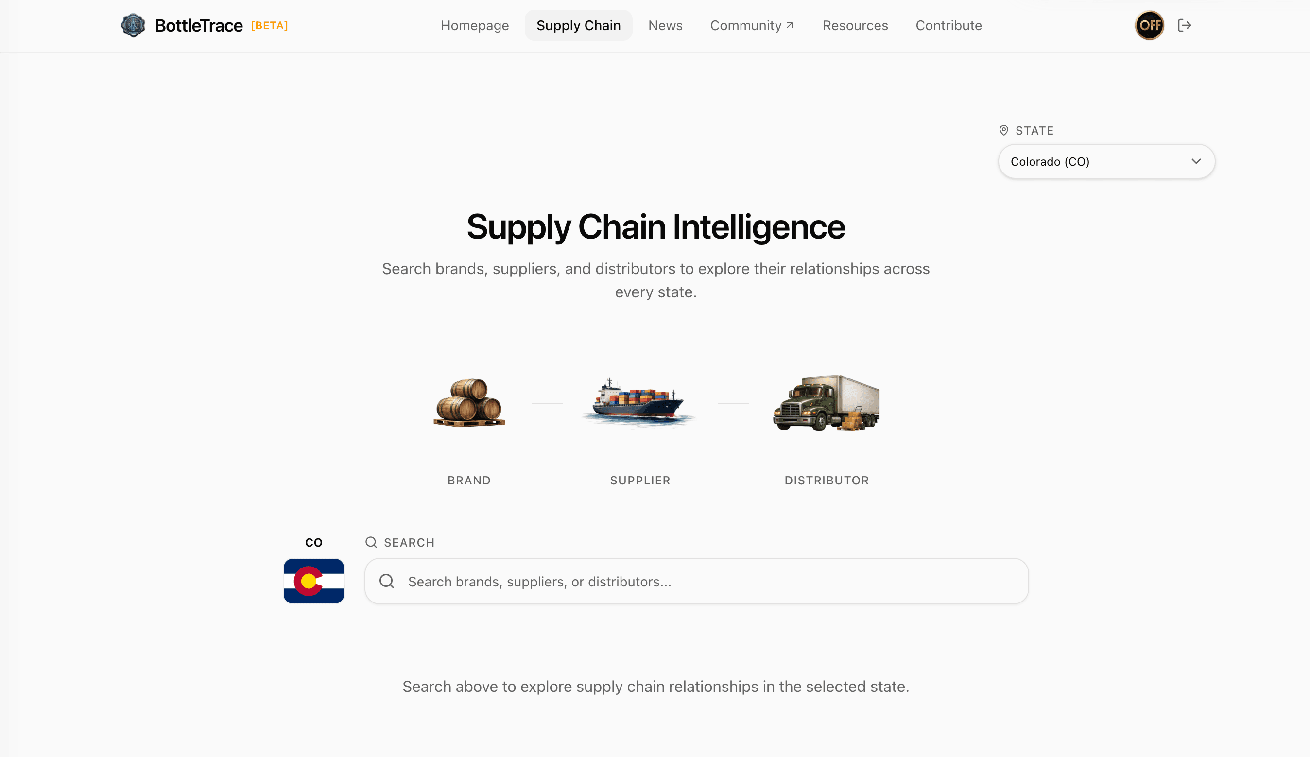 BottleTrace blank supply-chain search screen
